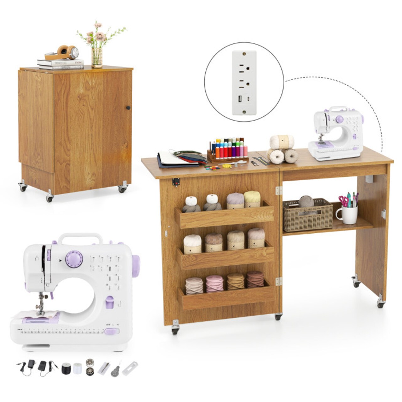 Portable Mobile Folding Sewing Cabinet with USB Charging Port and Multi-Tier Storage